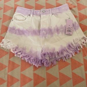 Purple and white tie dye jean shorts